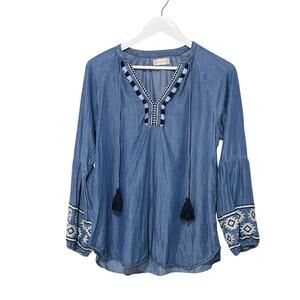 Altar'd State Top Womens Medium Boho Lyocell Chambray Tassel Embroidered Blue